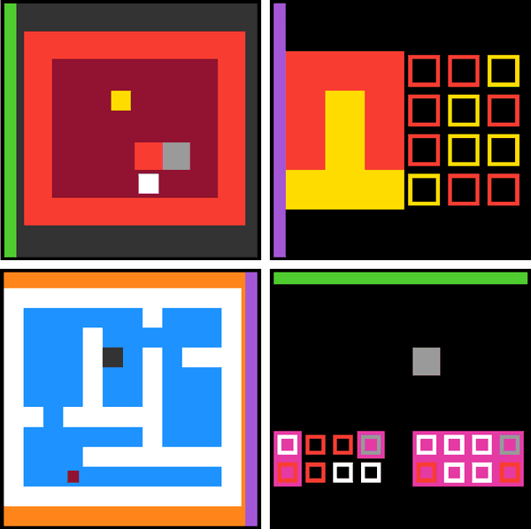 Four generated games: push, toggle, maze, and cycle